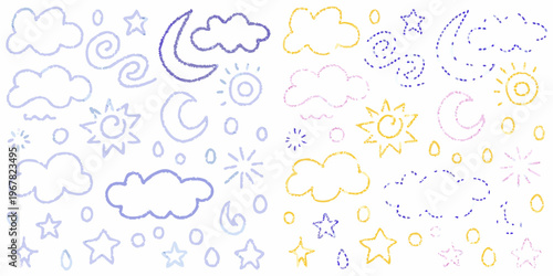 Child s drawing of celestial bodies and weather patterns in crayon