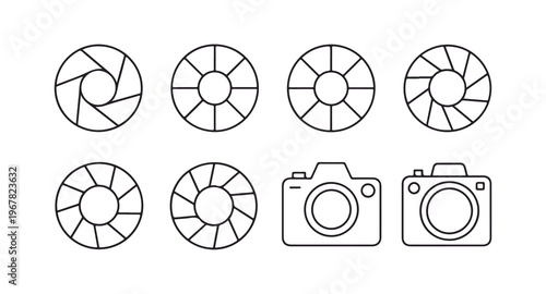 Camera shutter and photo camera outline icon set on white background vector illustration