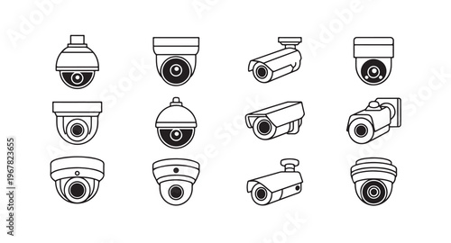 Security camera types line icons collection including dome bullet and fisheye lens models for cctv