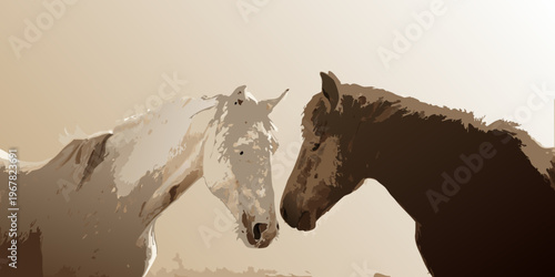 Two horses stand closely together in a stylized illustrated style