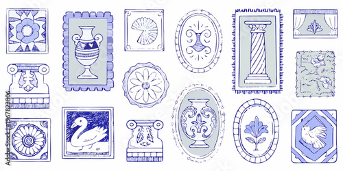 Collection of vintage blue and gray framed sketches with classical motifs