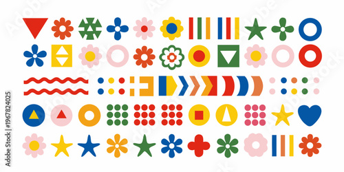 Colorful geometric shapes and floral designs arranged in repeating patterns