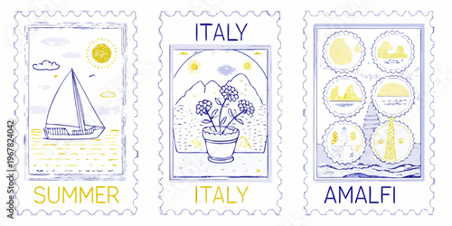 Three illustrated postage stamps depicting italian summer scenes