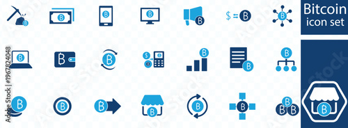 This image displays a collection of blue bitcoin icons representing various aspects of cryptocurrency and digital finance high quality professional detailed modern elegant
