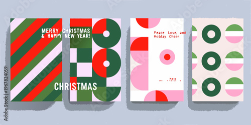 Colorful christmas card designs with geometric shapes and festive greetings