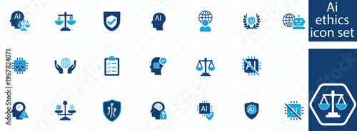 A collection of blue ai ethics icons depicting concepts like justice security and responsible artificial intelligence high quality professional detailed modern elegant stylish