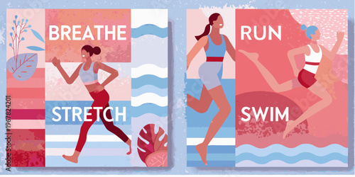 Fitness and wellness illustrations featuring women stretching running swimming and breathing