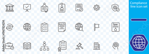 A collection of compliance related line icons depicts legal frameworks regulations security and global standards in a minimalist style high quality professional detailed