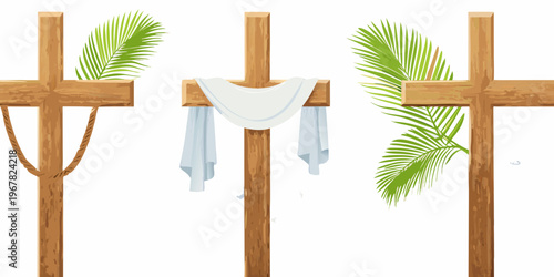 Three wooden crosses with palm leaves and draped cloth easter illustration