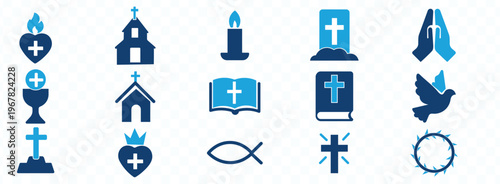 A collection of blue icons representing christian symbols like a heart church candle bible and praying hands high quality professional detailed modern elegant