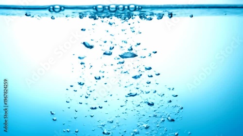 Clear Blue Water with Air Bubbles Rising Splash on White Background Freshness Concept