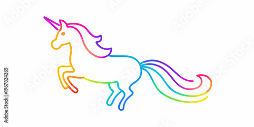 Colorful rainbow outline of a unicorn rearing up on hind legs