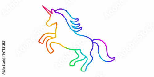 Colorful rainbow outline of a majestic unicorn rearing on hind legs