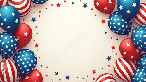 Patriotic balloons, American flag pattern, red white blue stars, festive border frame, USA celebration decoration