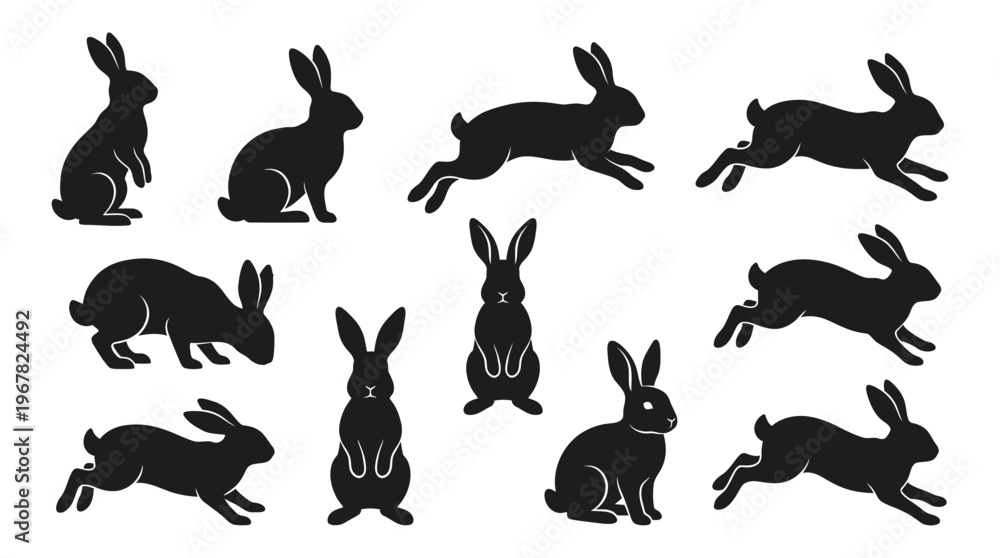Obraz premium Collection of black rabbit silhouettes in various poses, including sitting, standing, running, and jumping, against a white background.