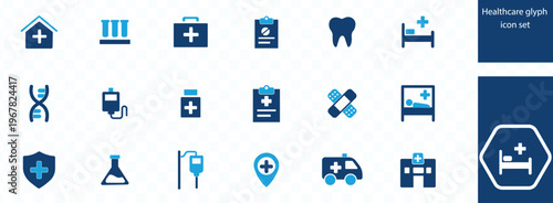 A collection of flat blue healthcare and medical icons depicting various aspects of patient care and services high quality professional detailed modern elegant