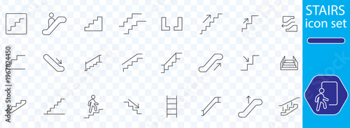 A collection of simple linear icons depicting various types of stairs escalators and accessibility features in blue high quality professional detailed modern elegant