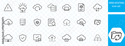 A collection of thin line style icons depicting various web hosting and data management concepts including security and cloud services high quality professional