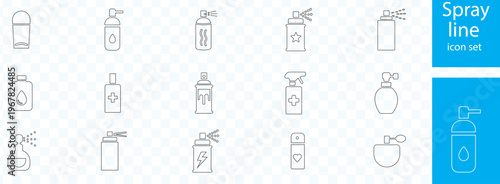 A collection of various spray bottle and aerosol can line icons displayed against a light blue checkered background high quality professional detailed modern