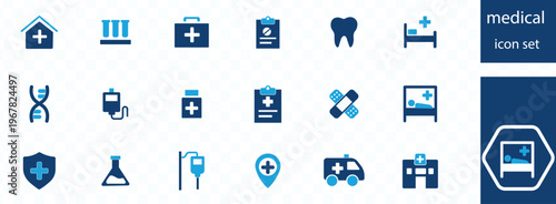 A collection of flat blue medical icons depicting healthcare services equipment and facilities representing various aspects of medicine high quality professional detailed modern