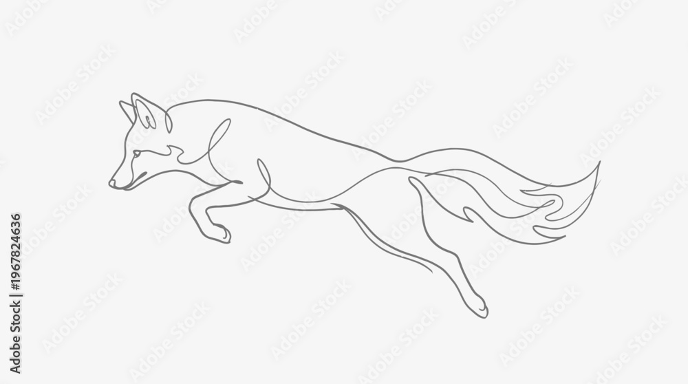 Fototapeta premium A minimalist continuous line art drawing of a fox in mid-jump or running motion, depicted with elegant simplicity on a plain background.