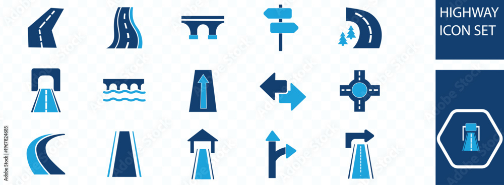 Fototapeta premium A collection of blue highway and road icons depicting various infrastructure elements like curves bridges and signs high quality professional detailed modern elegant
