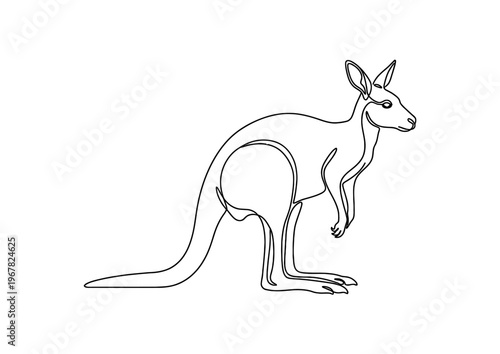 A minimalist continuous line art drawing depicts a standing kangaroo in profile on a clean white background.