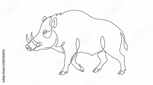 Continuous line art drawing of a wild boar with tusks, depicted in a minimalist style on a white background.
