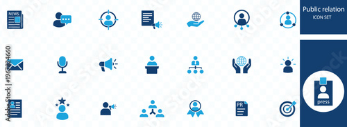 This image displays a collection of blue public relation icons representing communication media and interpersonal interactions high quality professional detailed modern elegant stylish