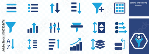 A collection of blue icons depicting various data sorting and filtering concepts including arrows funnels and lists high quality professional detailed modern elegant