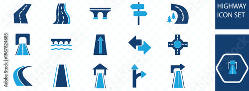 A collection of blue highway and road icons depicting various infrastructure elements like curves bridges and signs high quality professional detailed modern elegant