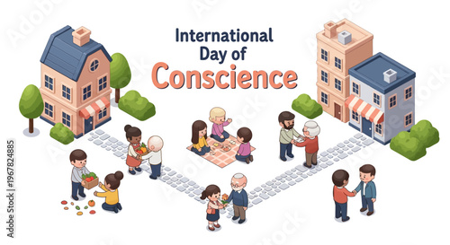 Illustration of diverse people interacting on International Day of Conscience, promoting global unity, peace, and ethical awareness in a vibrant, stylized scene.