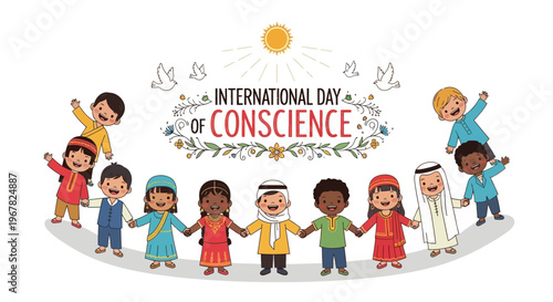 Diverse group of children holding hands in a circle for International Day of Conscience with illustrations promoting global peace awareness and human values.