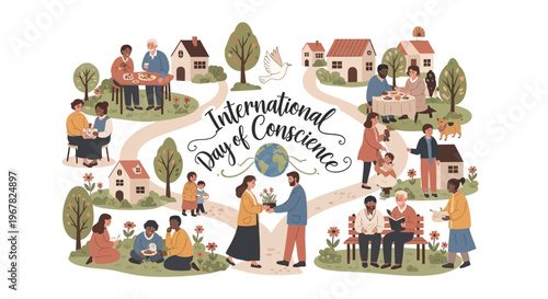 Illustration of diverse people engaging in acts of kindness and compassion on International Day of Conscience, promoting global peace and unity with a colorful, whimsical design.