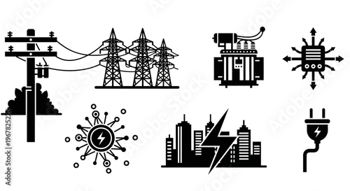 Electric power and energy concepts illustrated with electricity pylons, transformer, city skyline, and power outlet icons