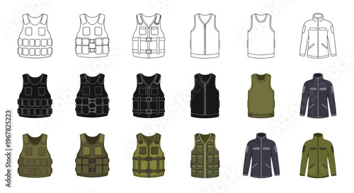 Diverse Collection of Military and Tactical Vests, Jackets, and Outerwear with Pockets and Zippers