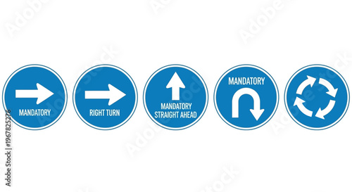Collection of circular blue and white traffic signs indicating mandatory directions and maneuvers on the road