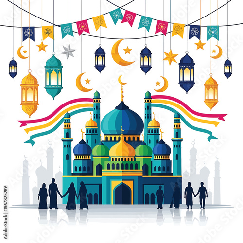 Mosque with colorful lanterns and people.
