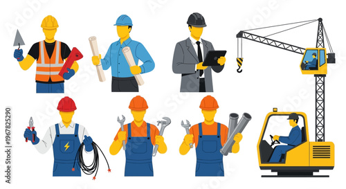 Collection of construction workers and heavy machinery, including a crane and bulldozer, representing various trades and professions in the building industry