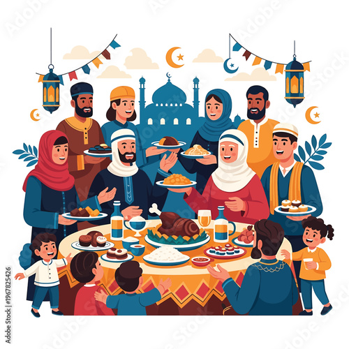 Muslim family gathering for iftar dinner.