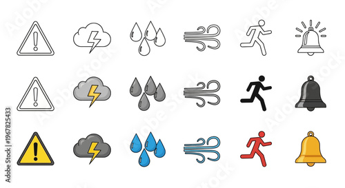 Versatile Collection of Weather and Alert Icons in Outline, Grey, and Color Styles for Digital Interface Design and Hazard Communication