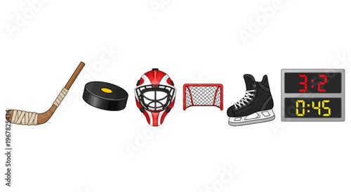 Vibrant illustration showcasing a complete set of ice hockey equipment, featuring a stick, puck, goalie mask, net, ice skate, and a game scoreboard, perfect for sports themes