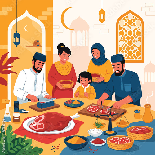 Muslim family cooking together at home.