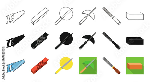 Variety of woodworking hand tools collection featuring saws, metal files, and sharpening tools, depicted in outline, solid black, and colorful cartoon vector styles for carpentry design elements