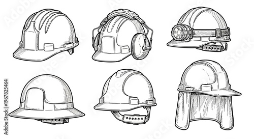 Collection of various safety helmets and head protection gear, including hard hats with ear protection and neck shields