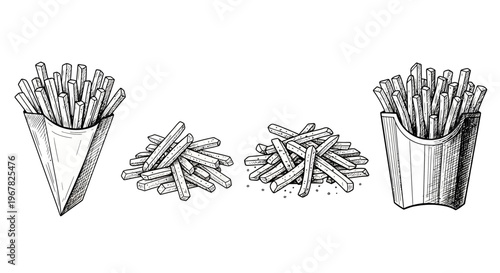 Collection of French Fries illustrations in various forms, presented in a sketch style