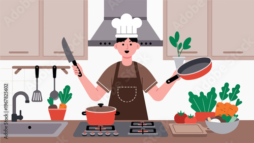 Smiling Chef Ready to Cook in Modern Kitchen with Knife and Pan