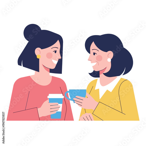 Two women talking and drinking coffee.