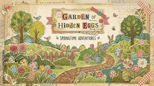 Whimsical Easter Garden Scene with Hidden Eggs and Springtime Delights a Charming Landscape Featuring Floral Flourishes and Playful Bunny Companions for Festive Celebrations and Seasonal Decor