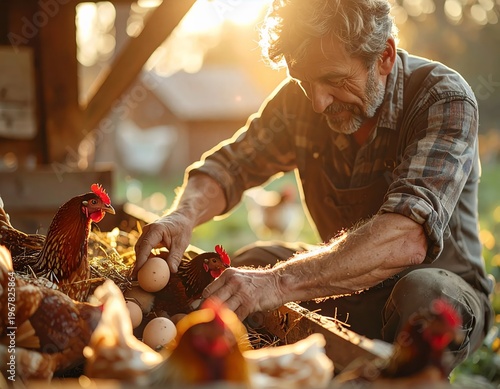 Happy farmer collecting fresh eggs from his free-range chickens.